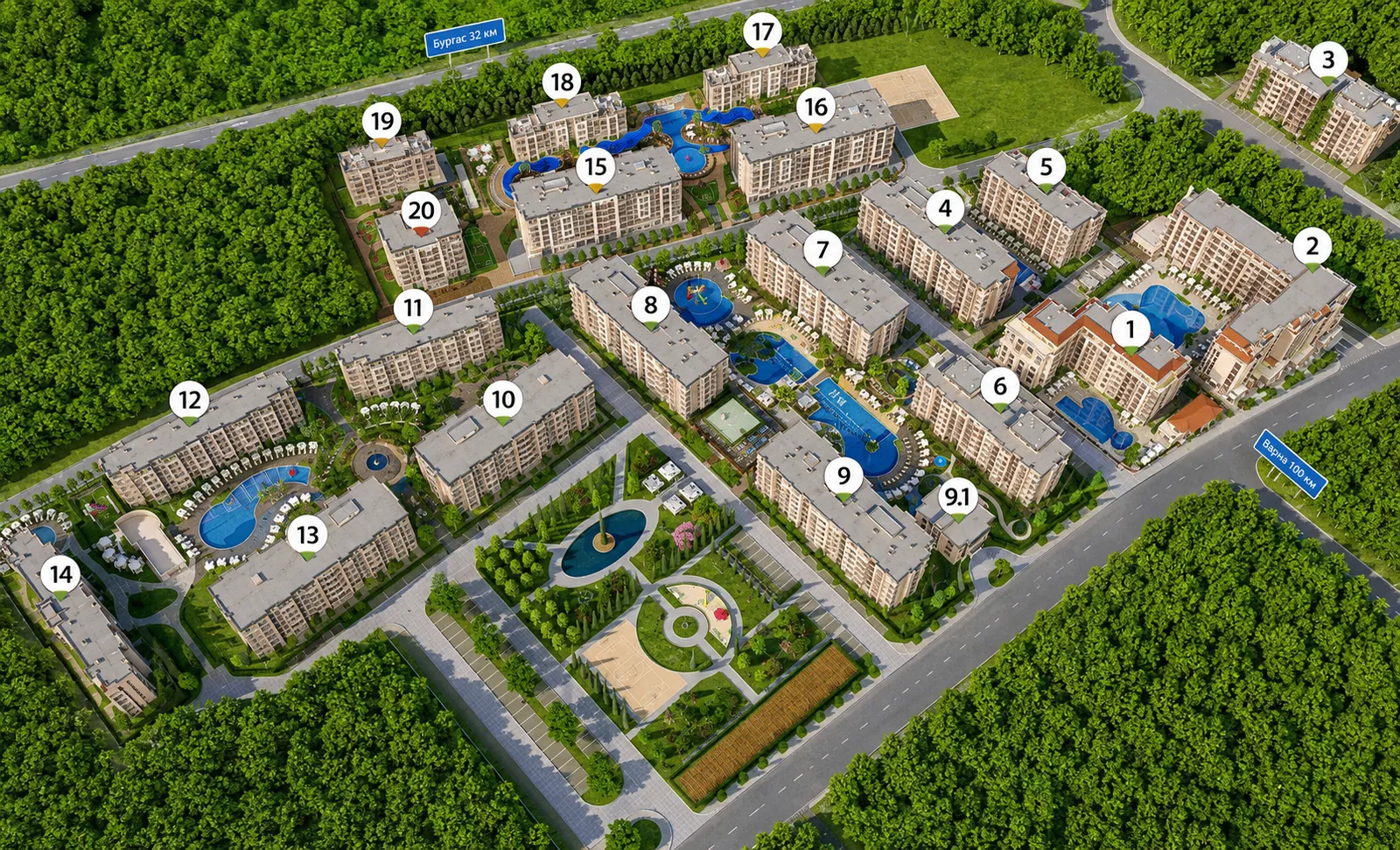 Карта комплекса Cascadas Family Resort с отмеченными корпусами